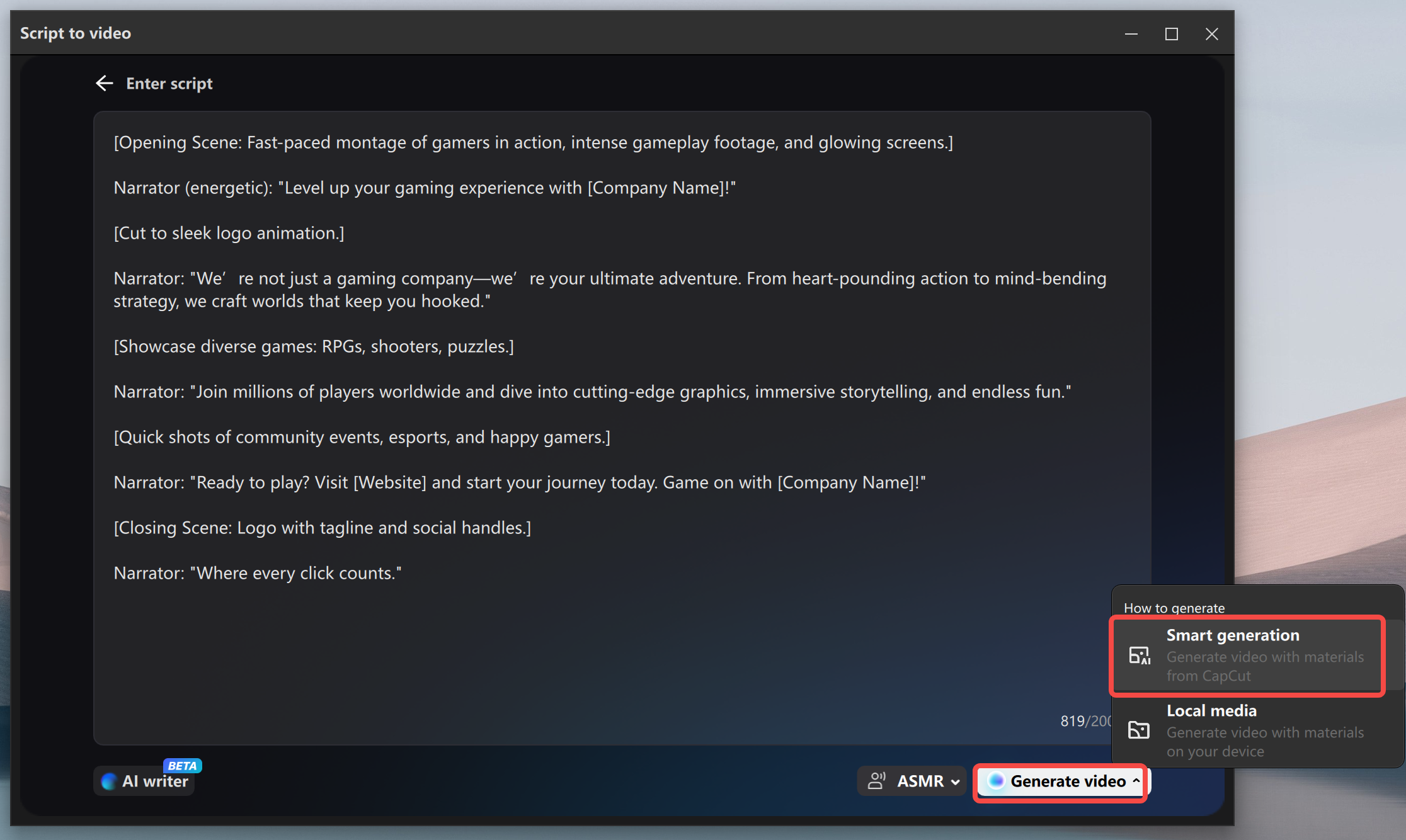Mengkonversi skrip ke video di CapCut editor video desktop