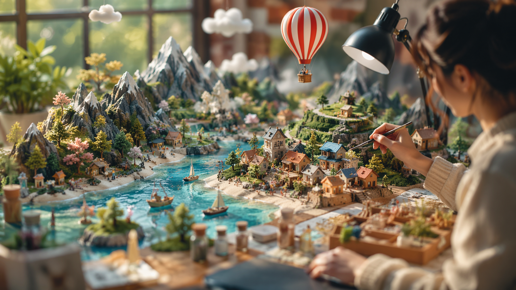 Charming AI miniature world diorama with tiny people, landscapes, and creator desk details.
