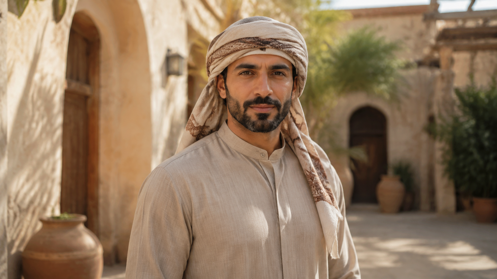 Courtyard Portrait in Neutral Dress for gemini arabic men prompts