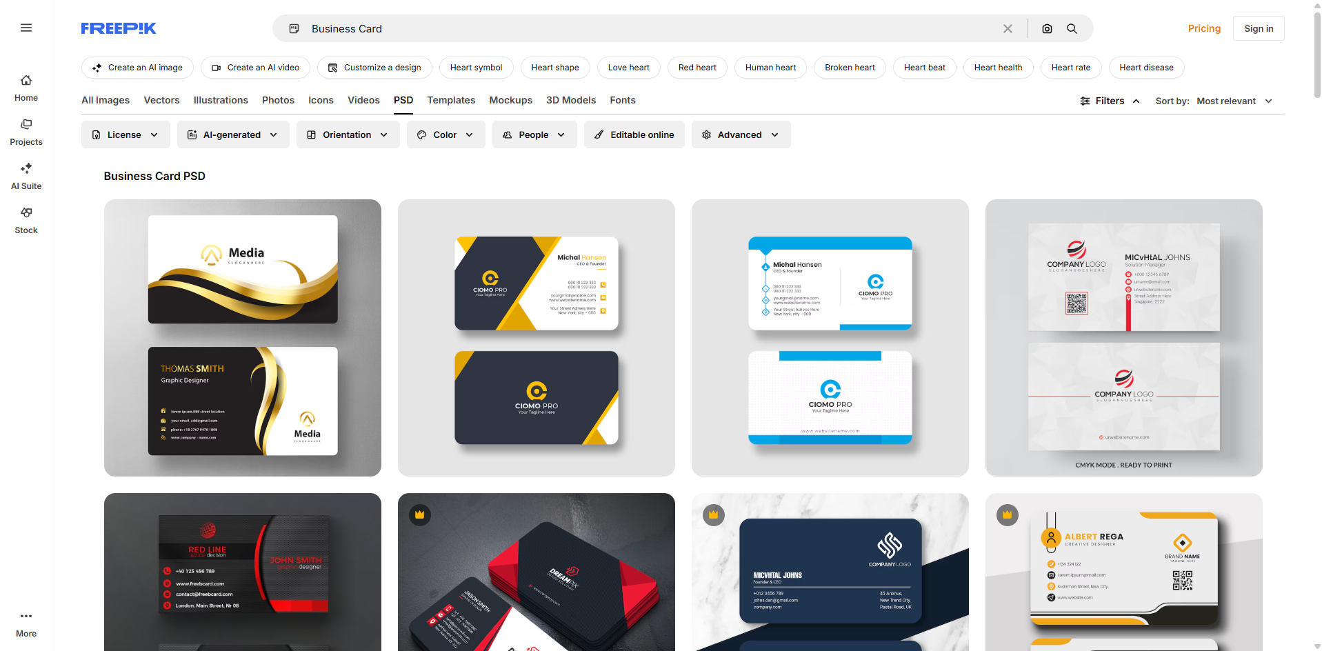 Oberfläche von Freepik – ein weiterer Ort, um kostenlose PSD-Vorlagen für Visitenkarten zu finden.