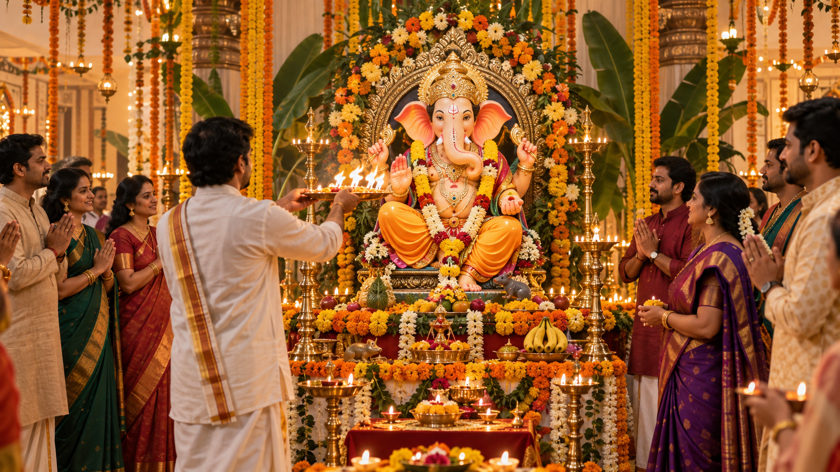 Ganpati Bappa AI video prompt: Evening Aarti Gathering