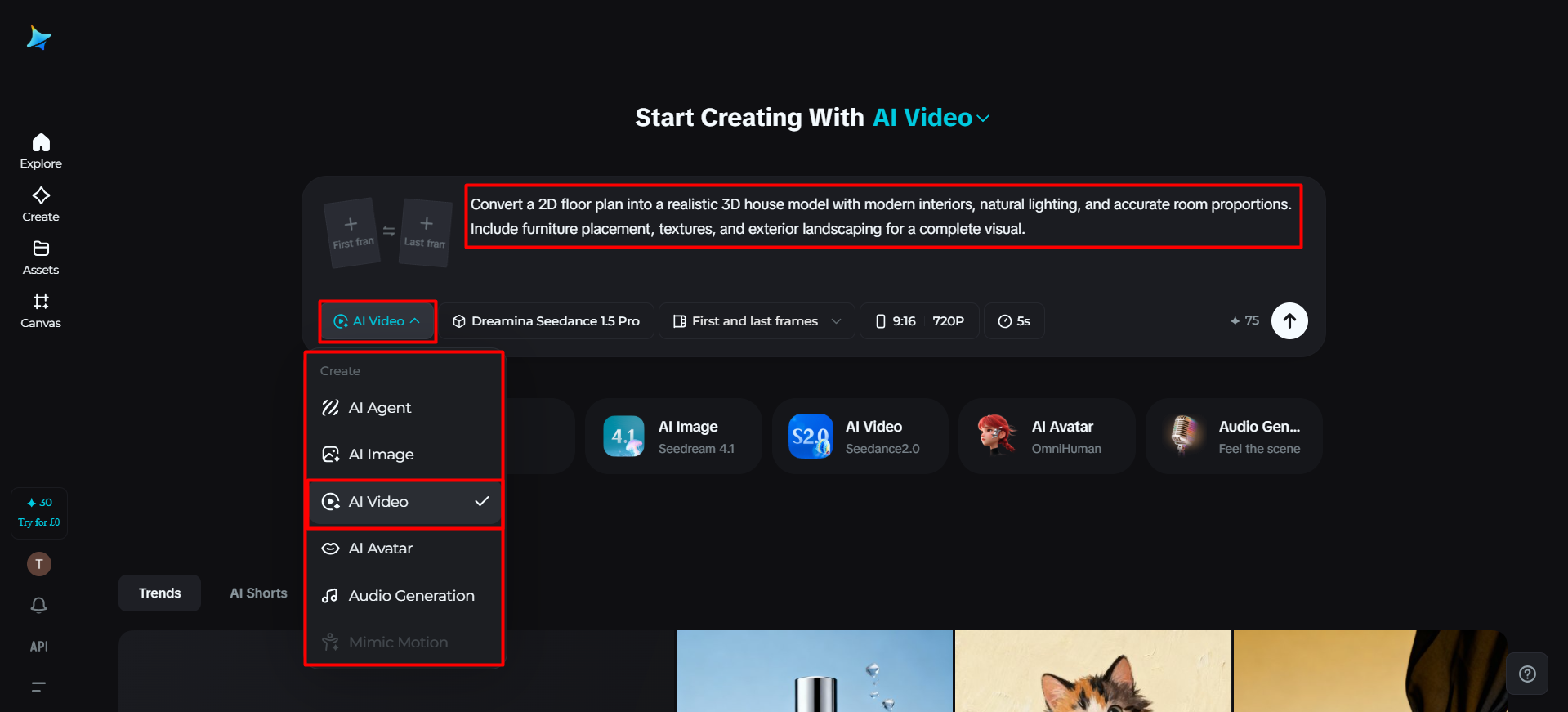 Access Dreamina and enter prompt