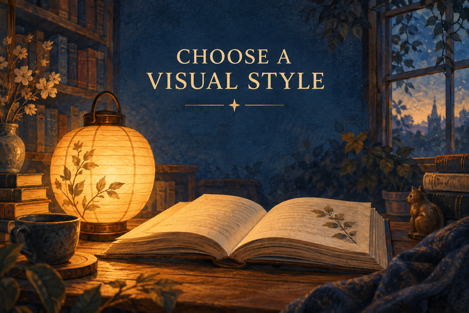 A warm paper lantern and open book scene in an original illustrated visual direction