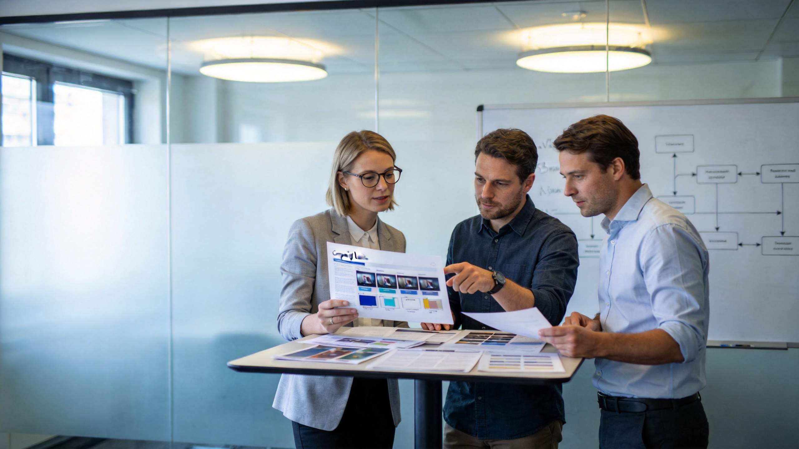 Three coworkers reviewing printed video templates at a standing desk in an office