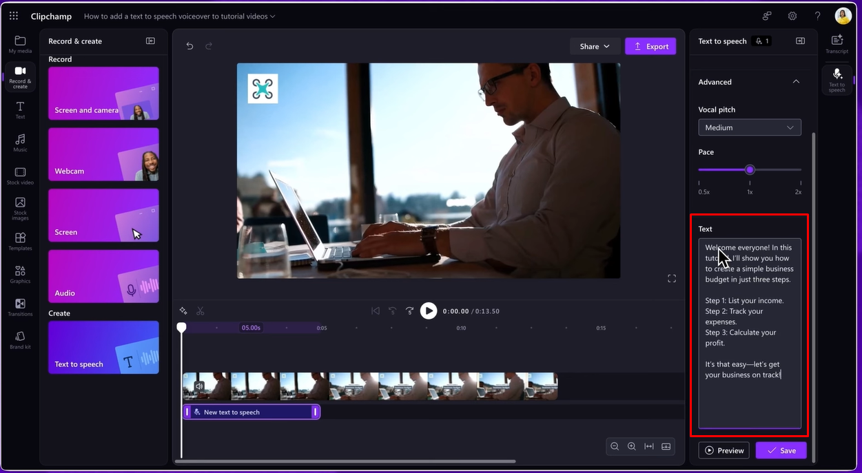 Selecting a voiceover track in Clipchamp