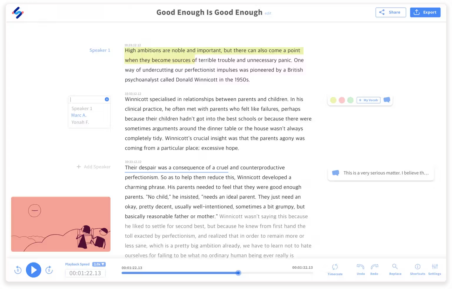 Interface of Happy Scribe - a good tool for transcription