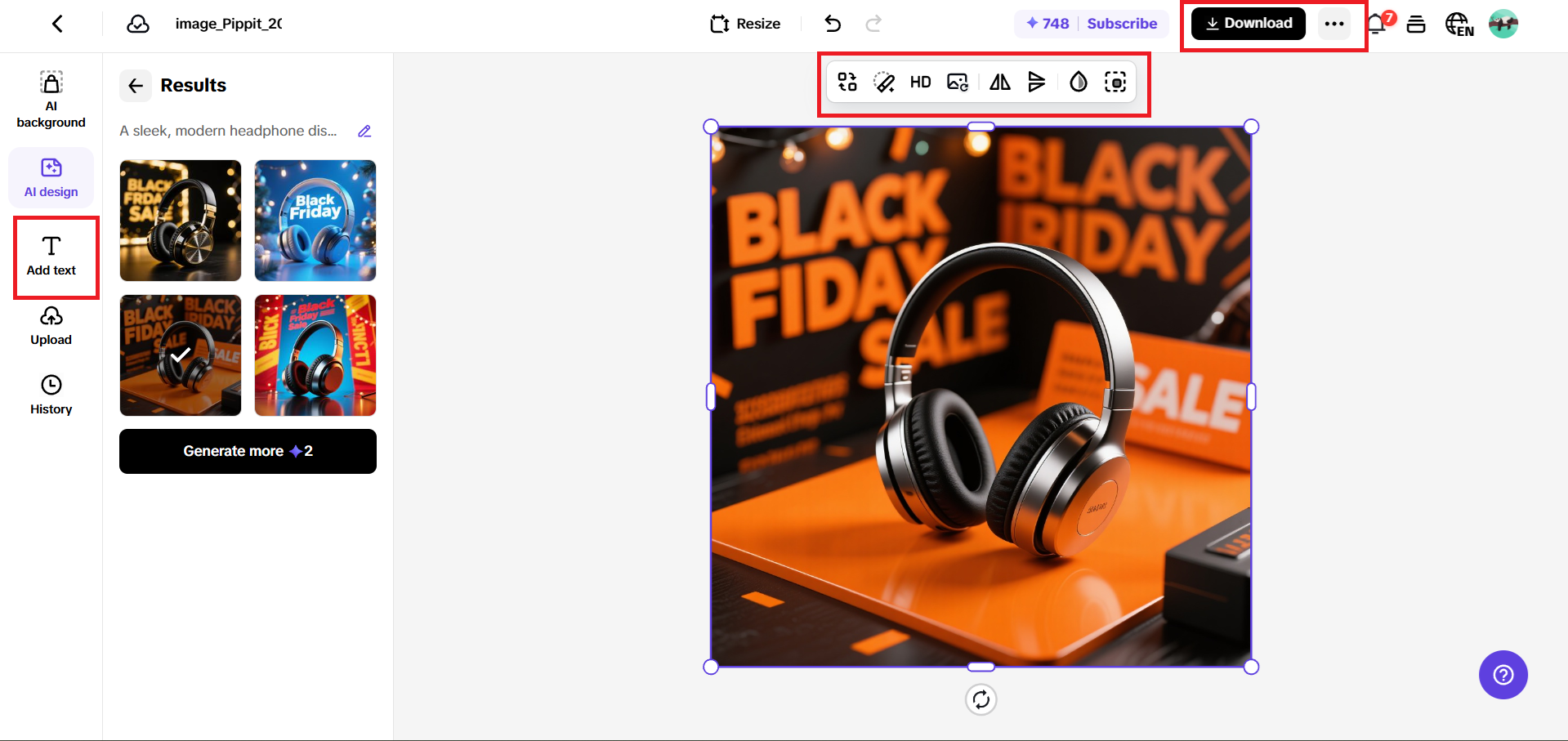 생성된 이미지를 사용자 지정하고 다운로드하세요.