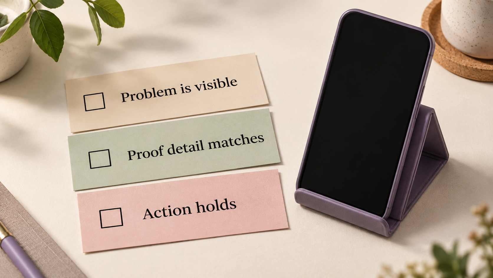 Physical pre-submit checklist beside the violet phone stand