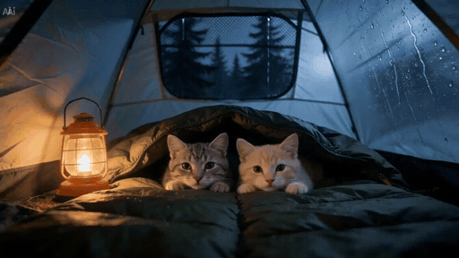Two kittens snuggled in a tent beside a glowing lantern on a rainy night