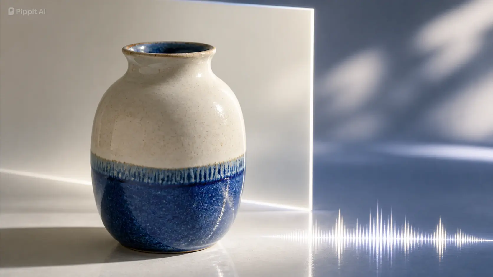 Blue-and-white ceramic vase on a reflective surface with soft light and shadows