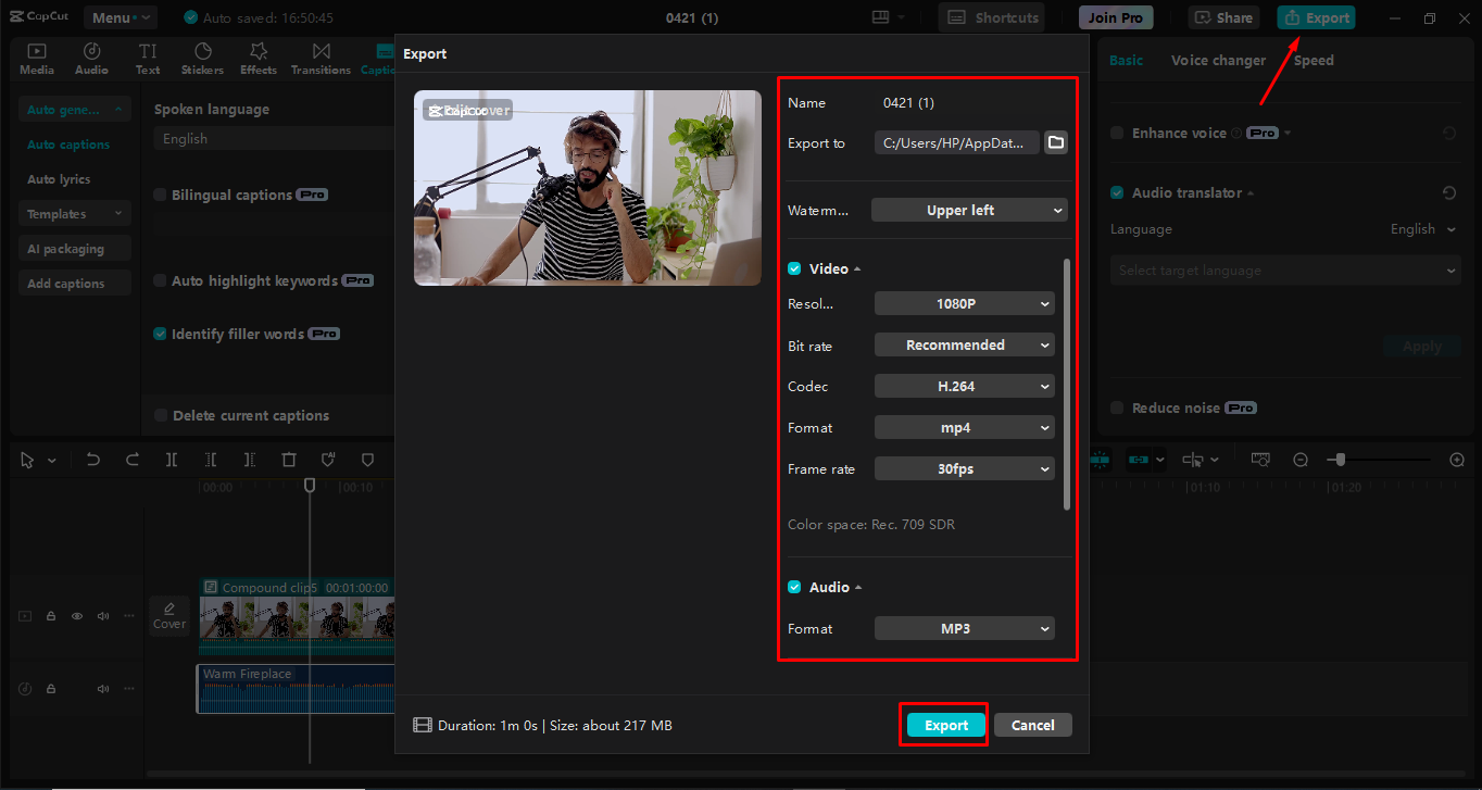 Exporting the podcast after editing from the Capcut desktop video editor