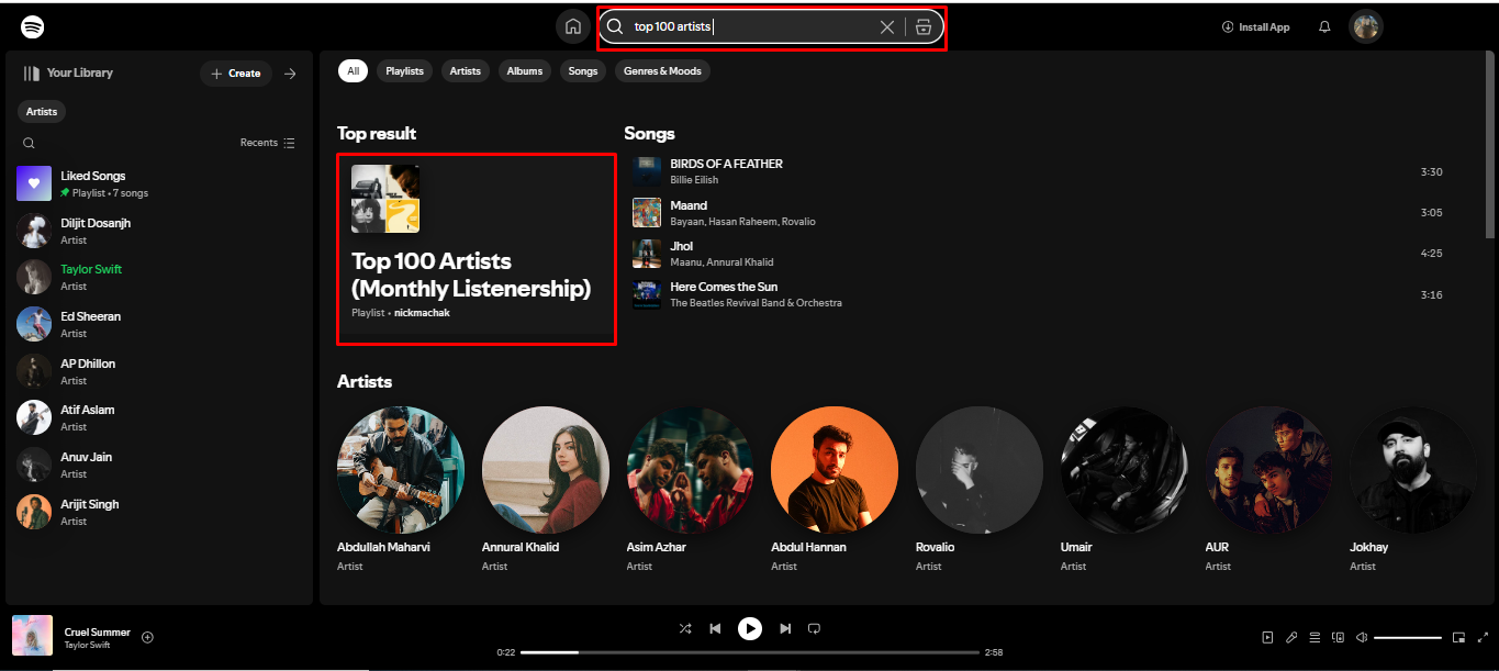 Imagen que muestra cómo acceder a los 100 mejores artistas de Spotify