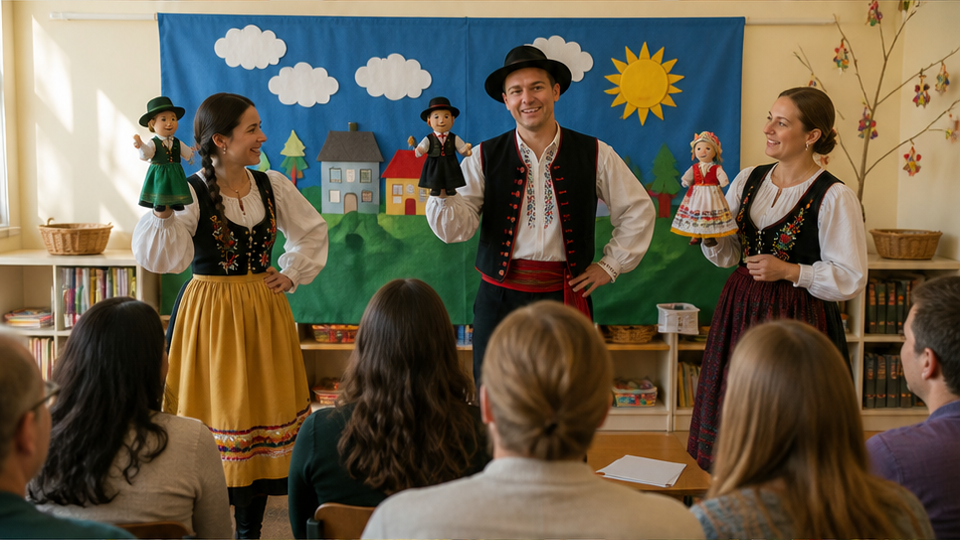 Preschool Folklore Day prompt example 2 - Colorful Cultural Decorations And Supervised Activity