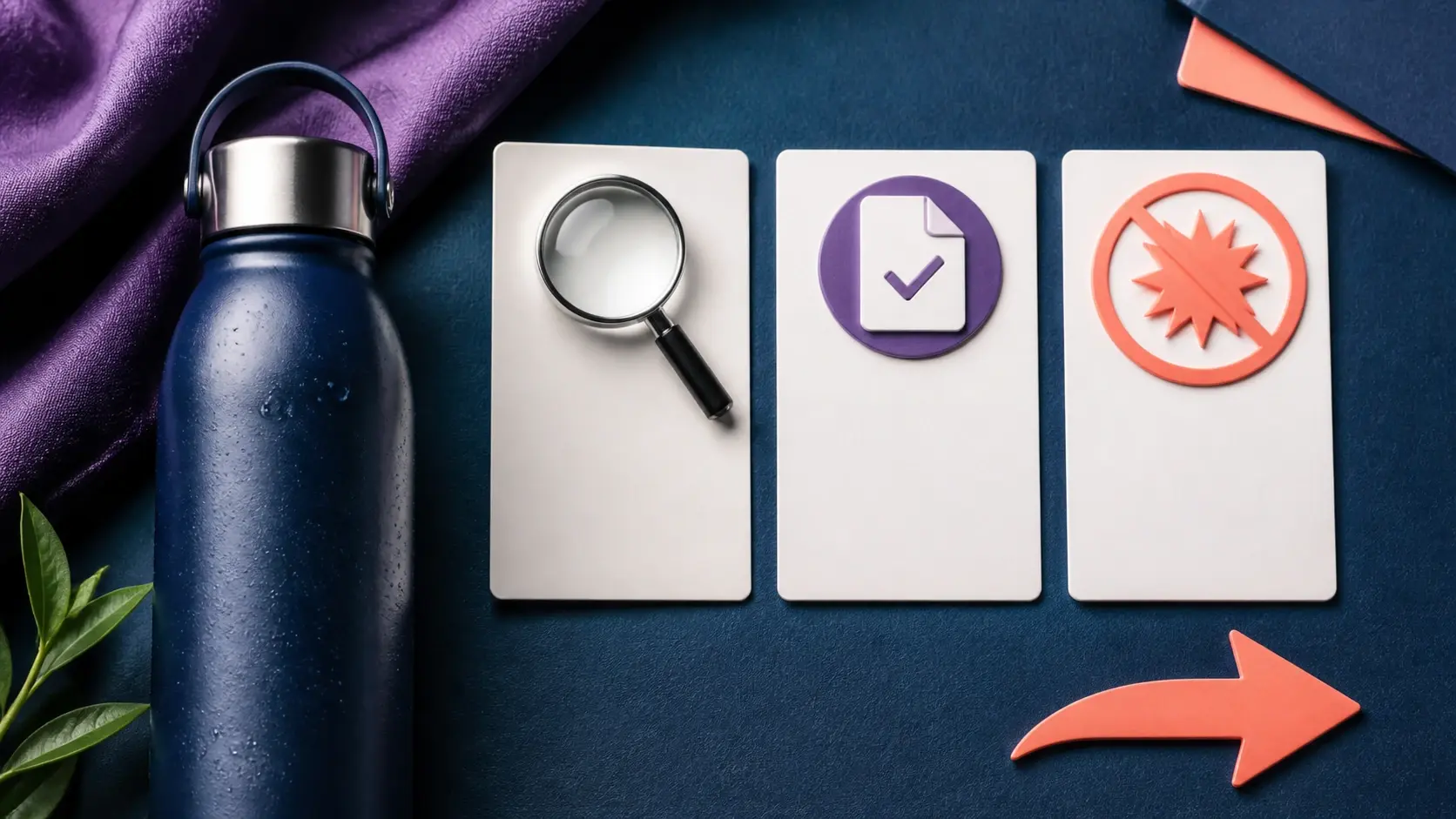Blue water bottle beside three cards with magnifying glass, checkmark document, and warning icon