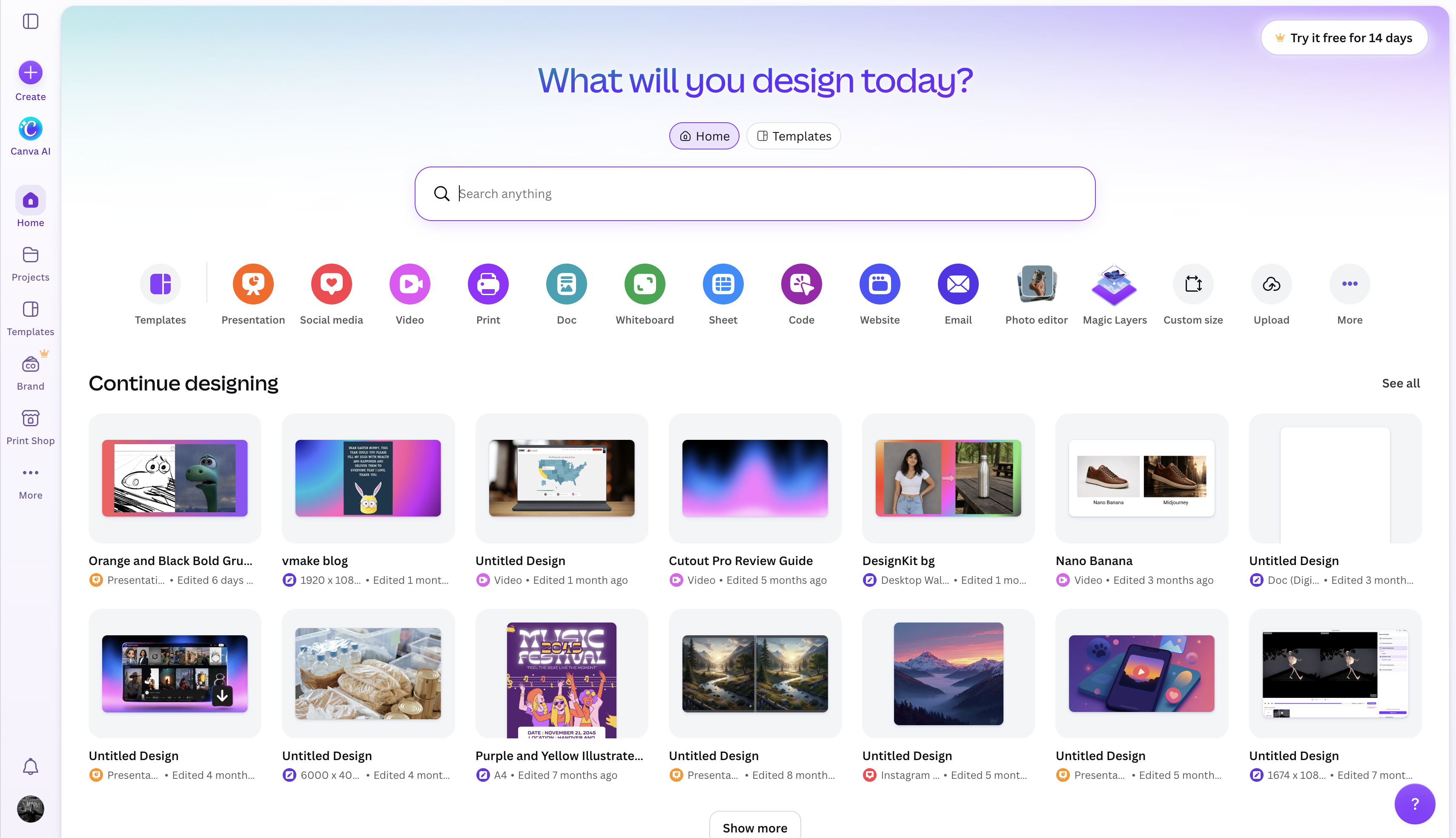 Página de inicio de Canva