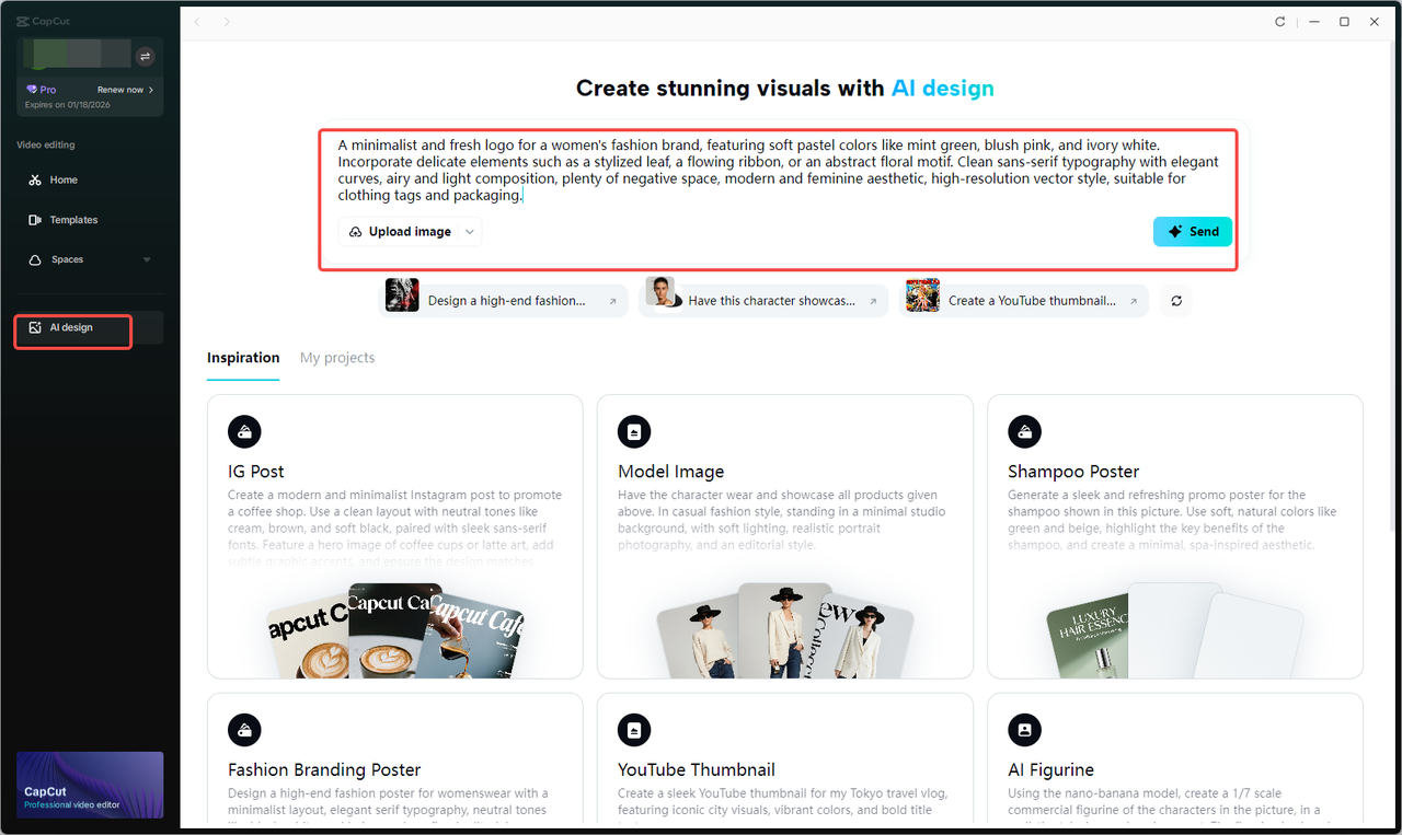 Accessing the AI design feature and writing your logo design prompt in CapCut