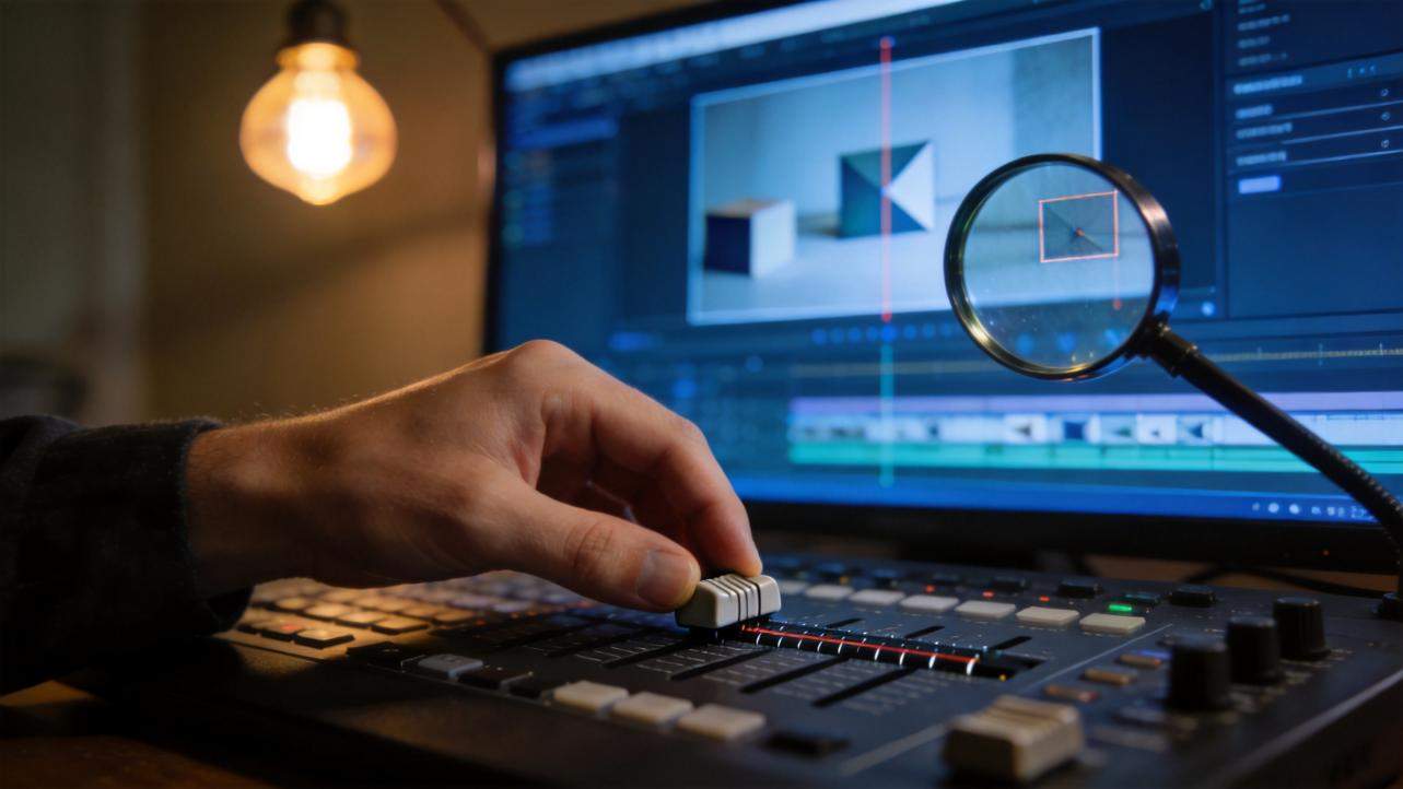 Hand adjusts a video editing console while a monitor shows a clip under inspection with a magnifying glass
