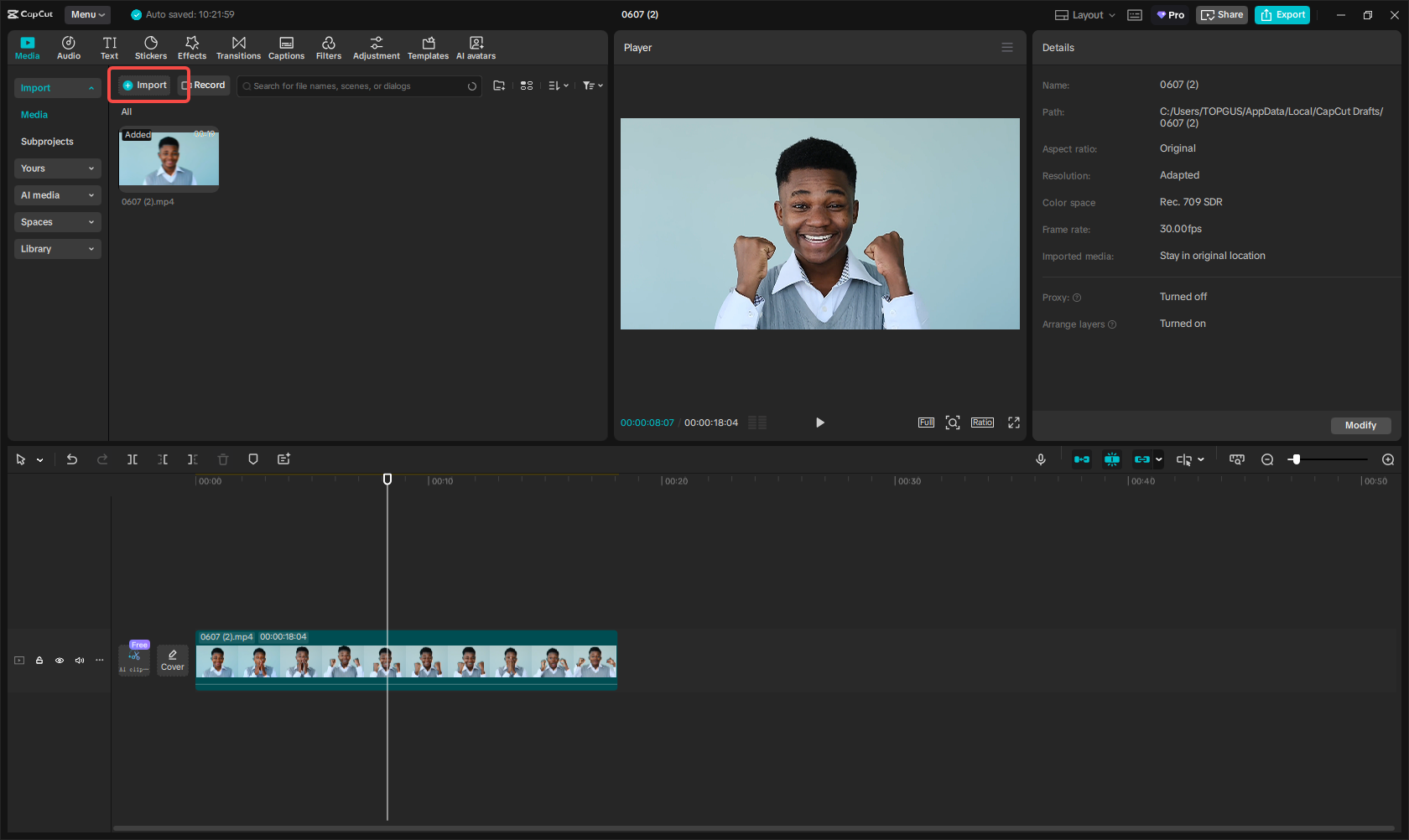 Import the video/image file