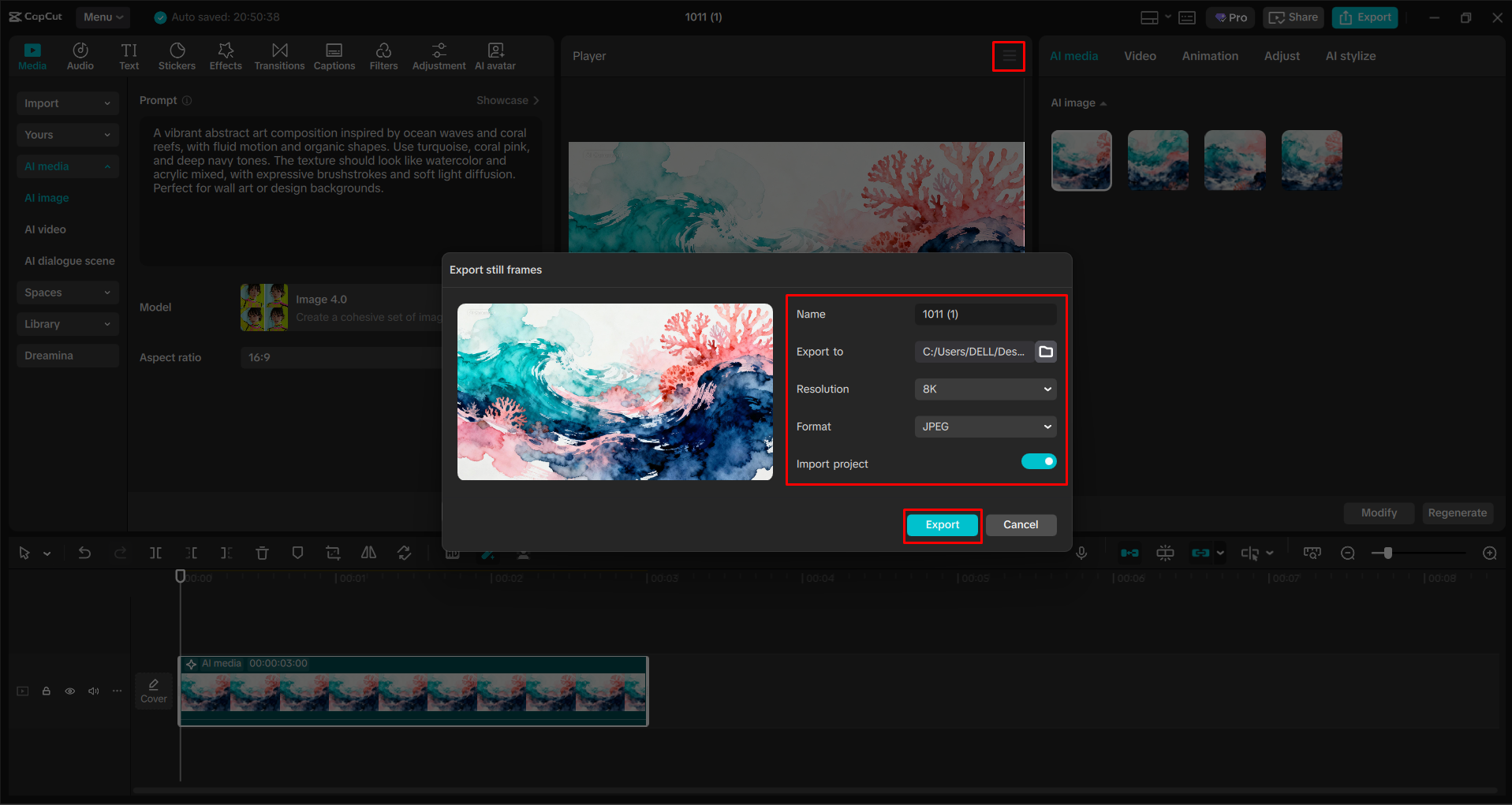 Exporting the image from the CapCut desktop video editor