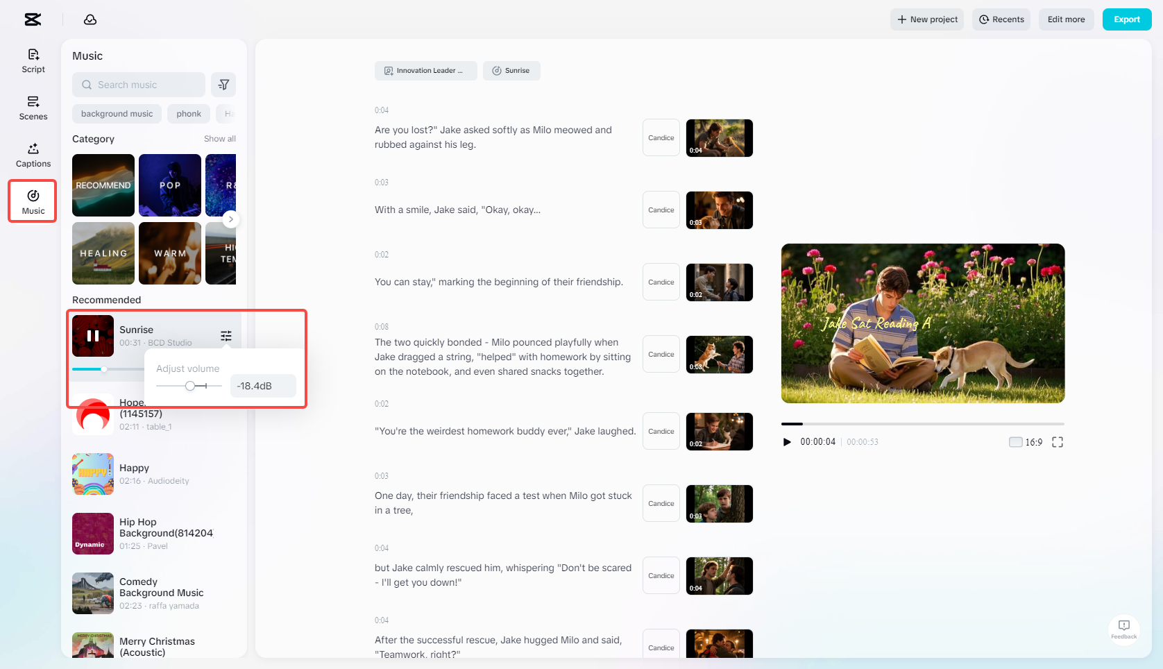 Editing the video with the Music feature