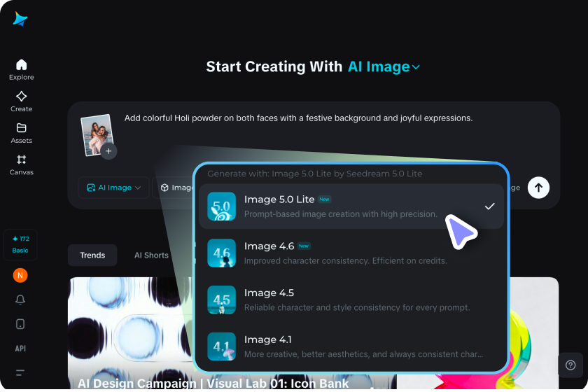 Välj bildmodell och skapa ett AI Holi-parfoto i Dreamina