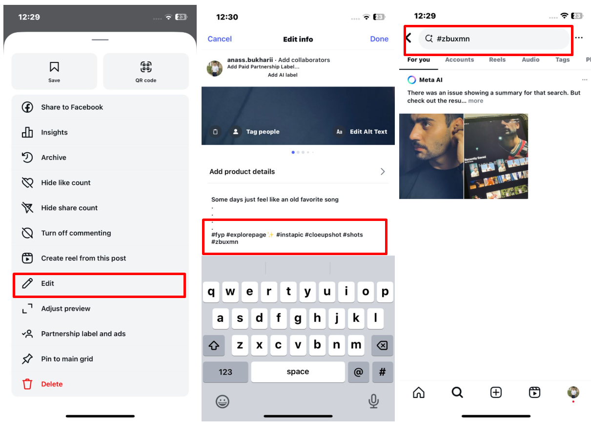 Изображение, показывающее, как массово удалять посты в Instagram с помощью хэштега