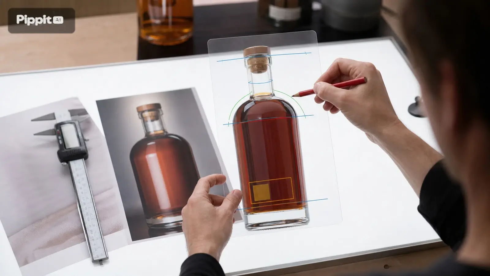 Un designer trace le contour d'une bouteille sur des photos de produit avec un pied à coulisse à côté.