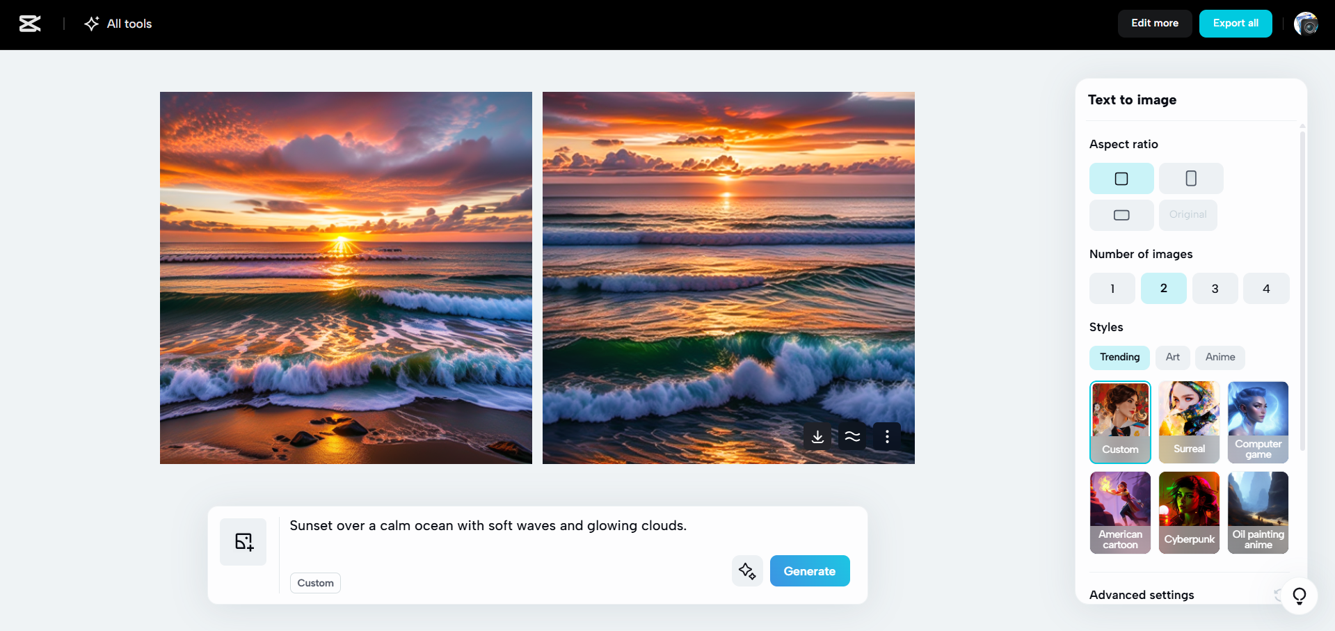 Oberfläche von CapCut Web – eine einfachere Möglichkeit, Bilder mit KI zu erstellen