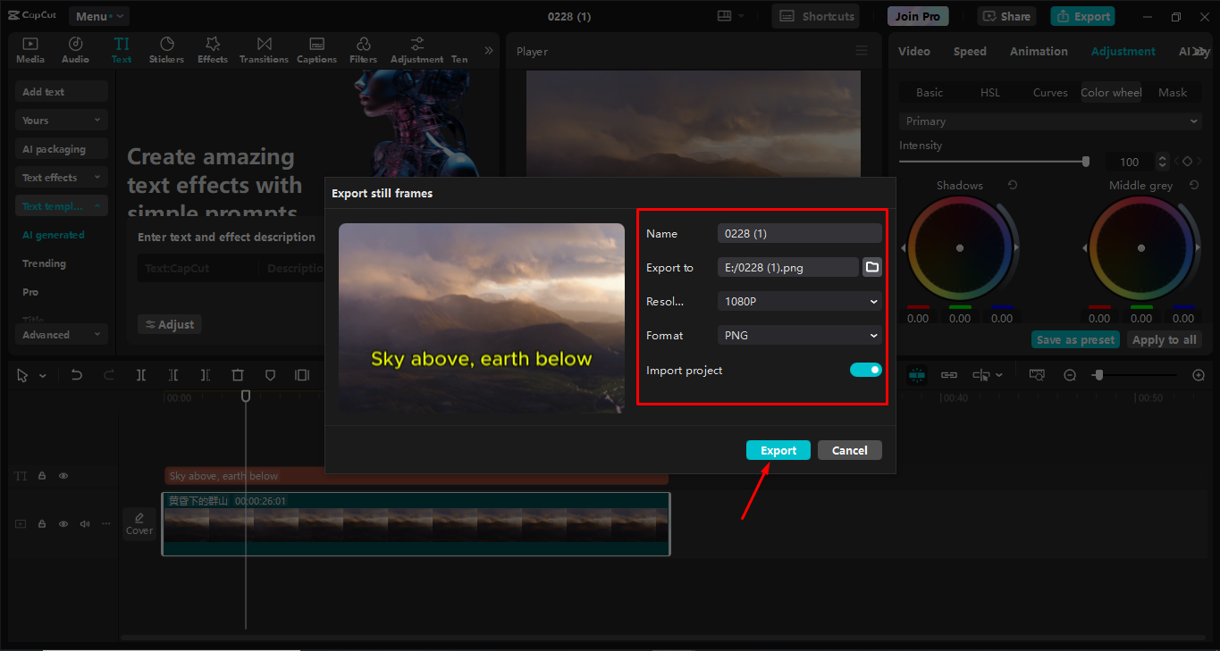Mengekspor gambar setelah menambahkan teks dari editor video desktop CapCut