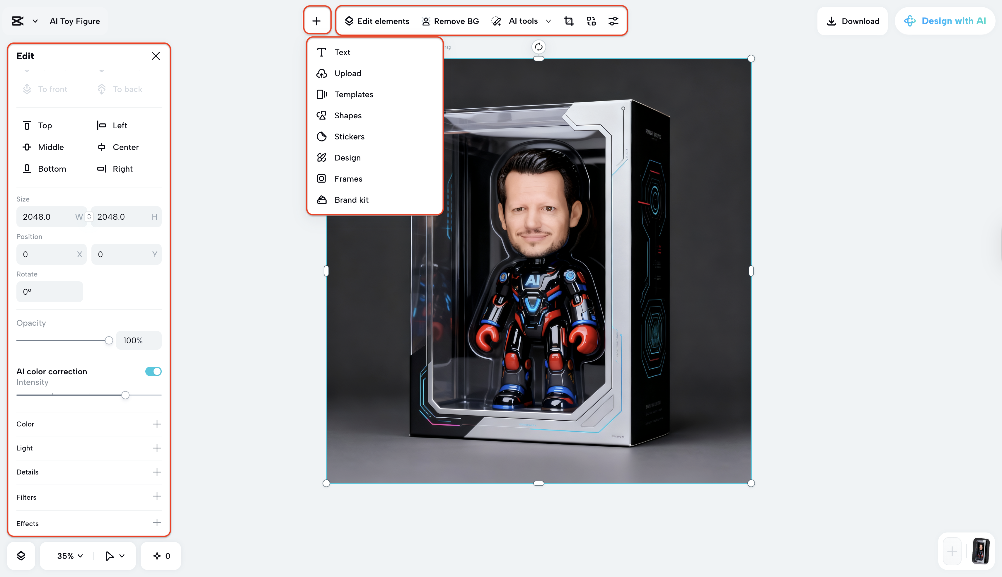 Add, edit or adjust you AI toy image