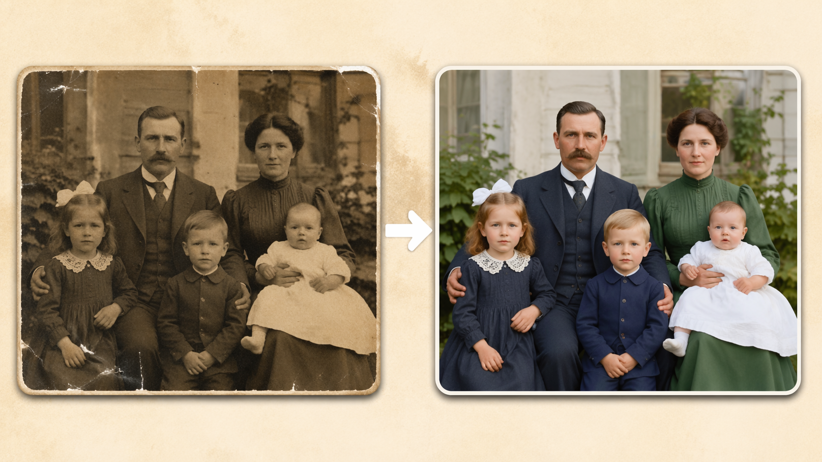 Dreamina ancienne photo vers nouvelle photo invite IA exemple 2 : colorisation de la famille Sepia
