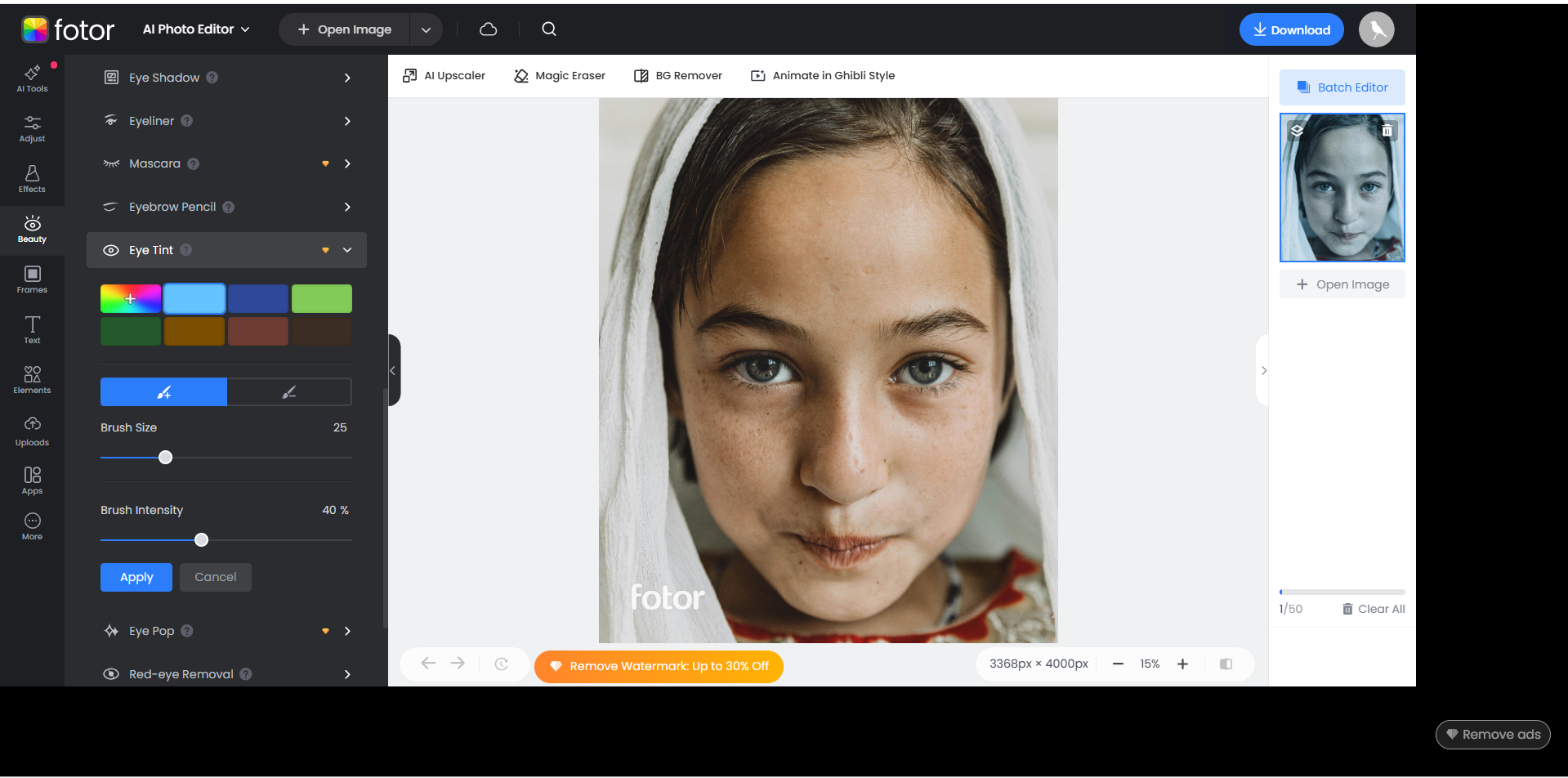 Fotor Arayüzü - göz rengini değiştirmek için en iyi çevrimiçi uygulama
