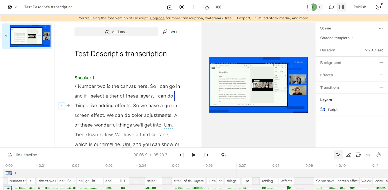 A interface de transcrição do Descript