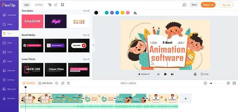 Interface of Flexclip - a free and versatile motion graphics app