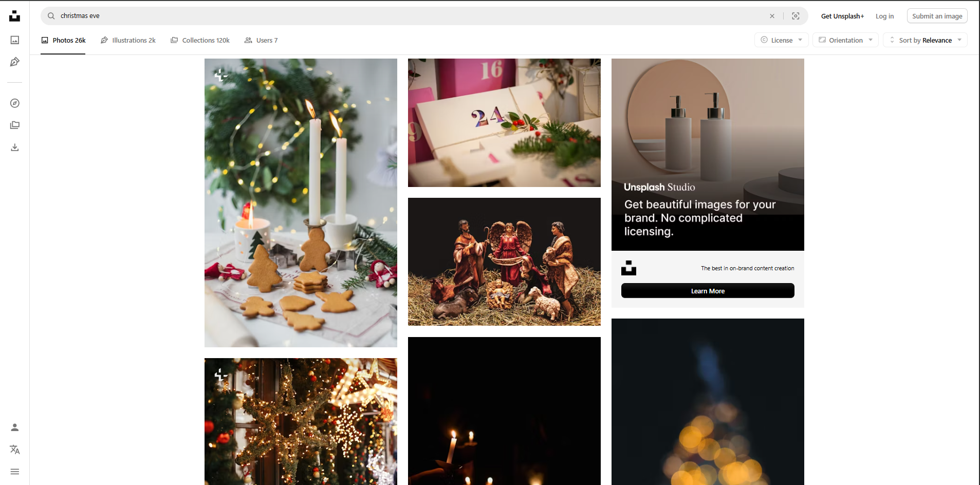 Interface of Unsplash - a site with high quality Christmas Eve images
