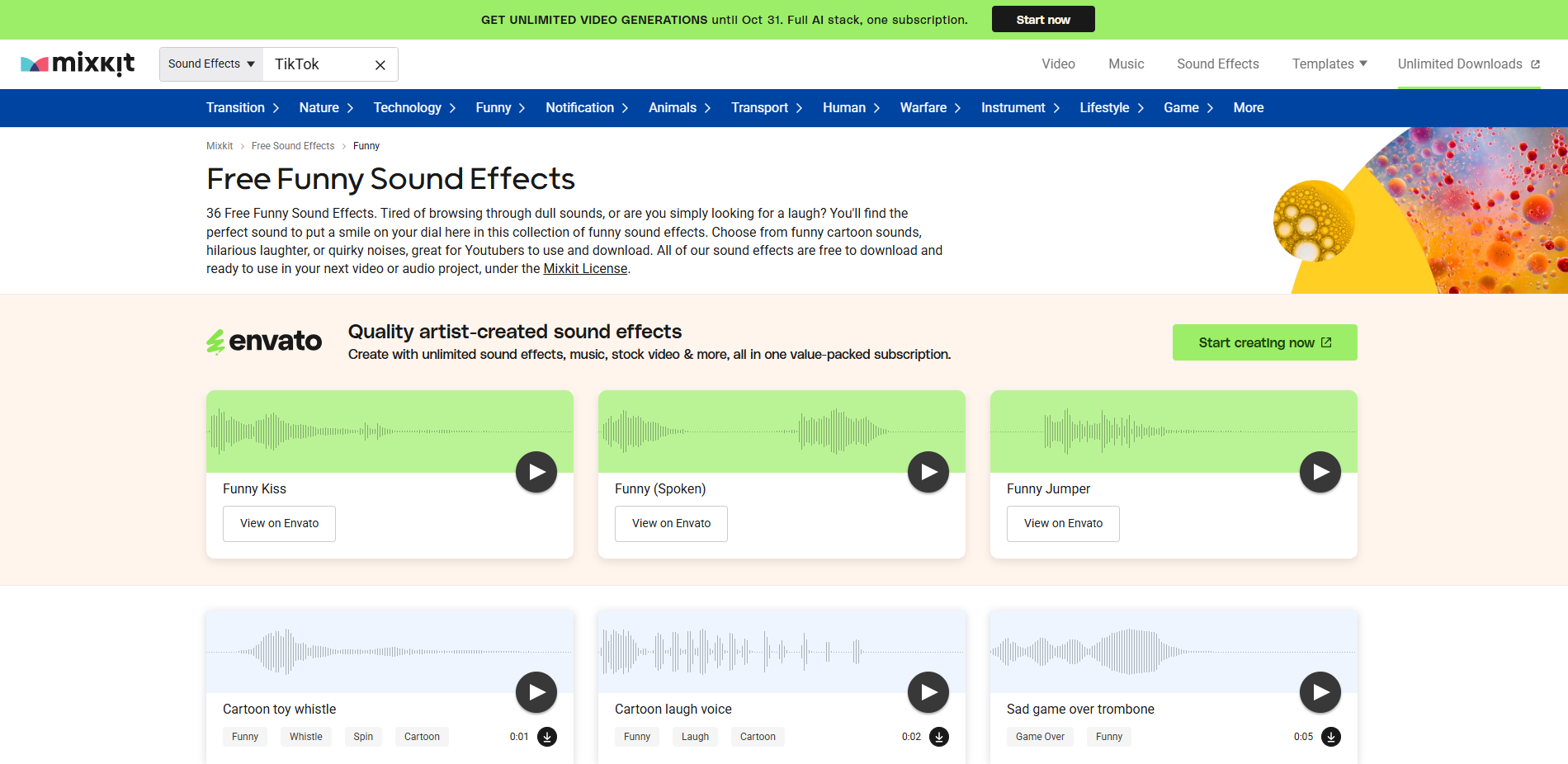 Interface of Mixkit - another site to download TikTok sound effects