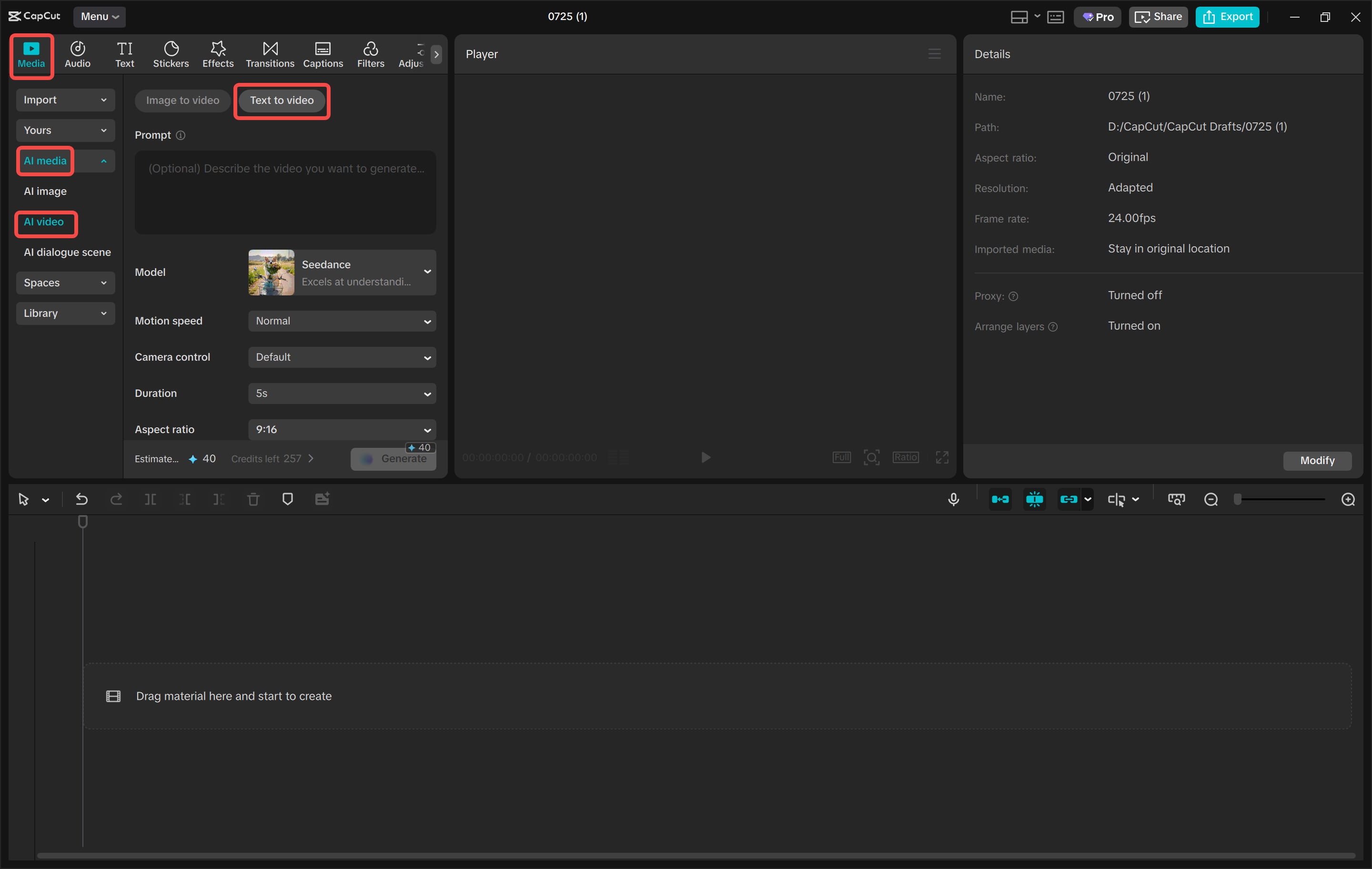 Accesso allo strumento da testo a video nell' CapCut editor video desktop
