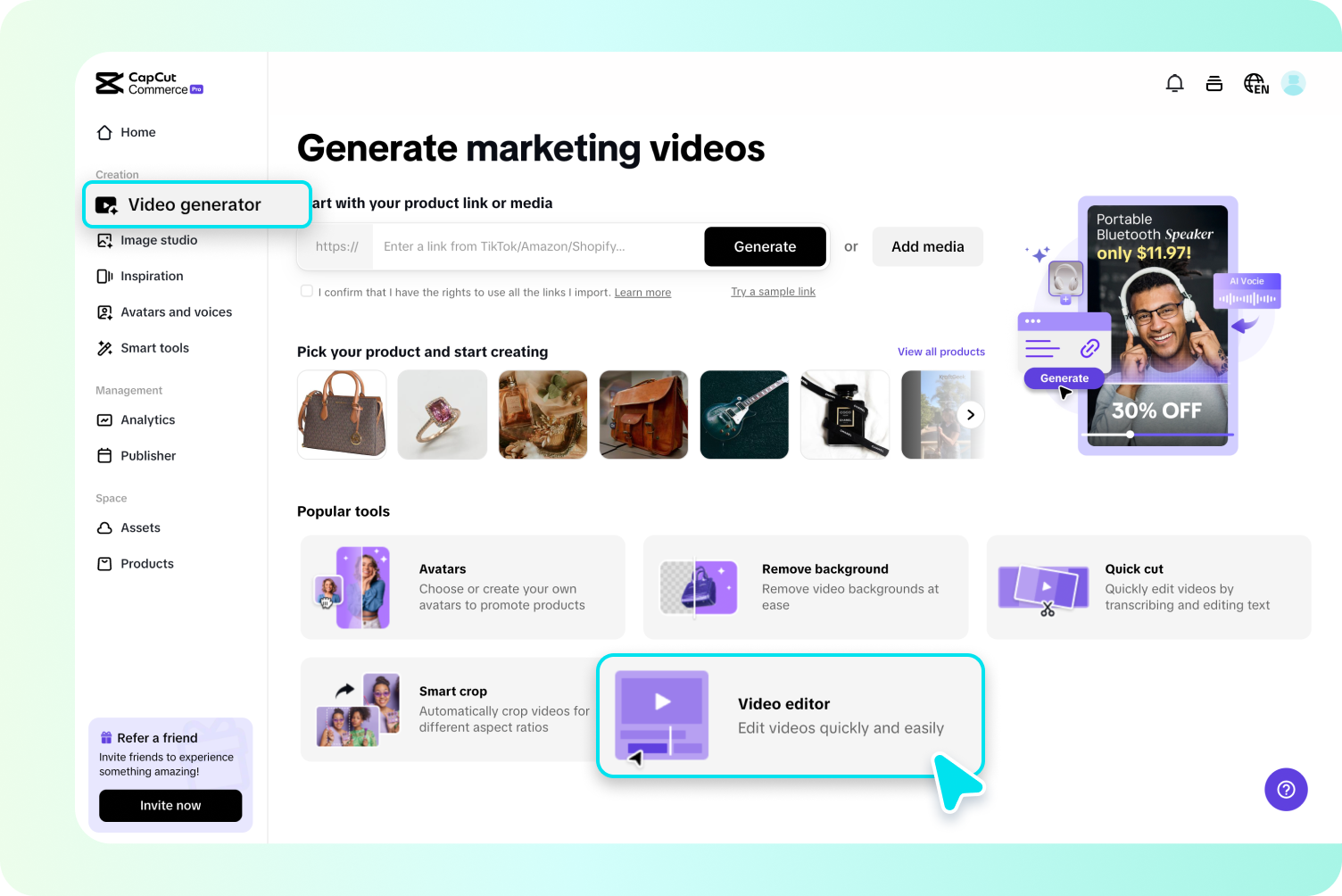 description=Pippit's video editor interface showing the 'Click to Upload' button. A user's cursor is dragging a video file from their desktop onto the canvas.