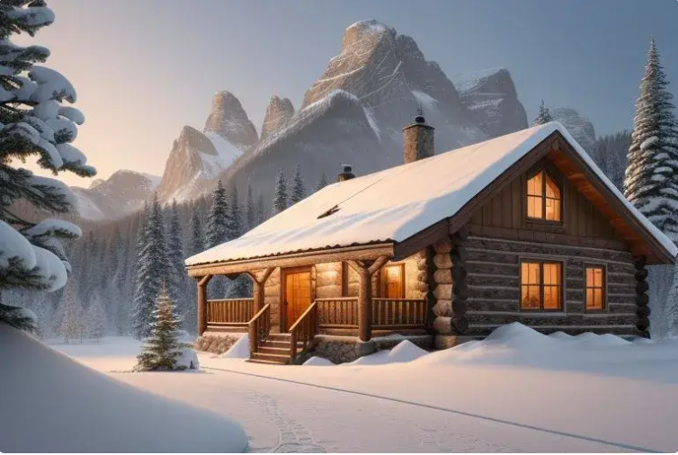 Cozy log cabin nestled among pine trees