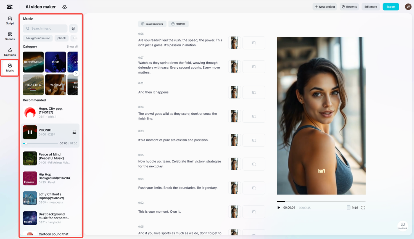Applying music to videos using CapCut's AI video maker