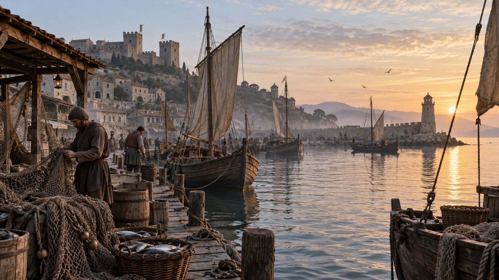 History Story: An Empty Medieval Harbor example for start faceless channel with ai