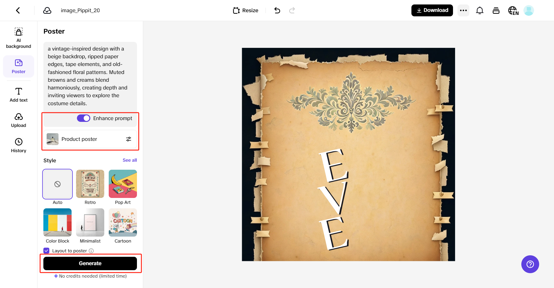 Creating sales poster in Pippit
