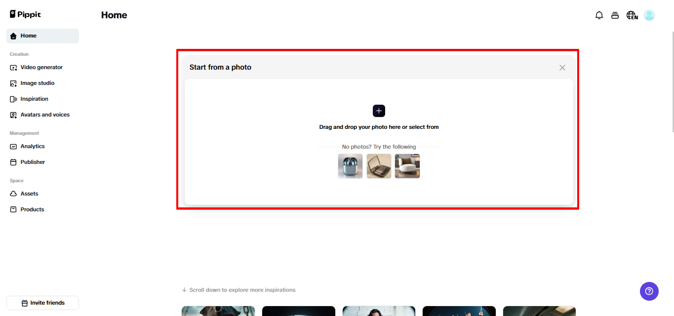 Uploading photo to Pippit