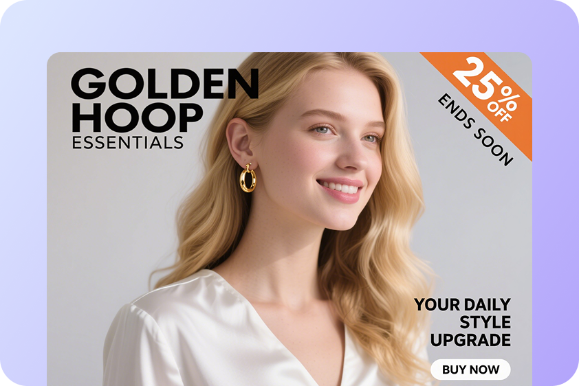 Animated model wearing earrings in a dynamic ad scene.