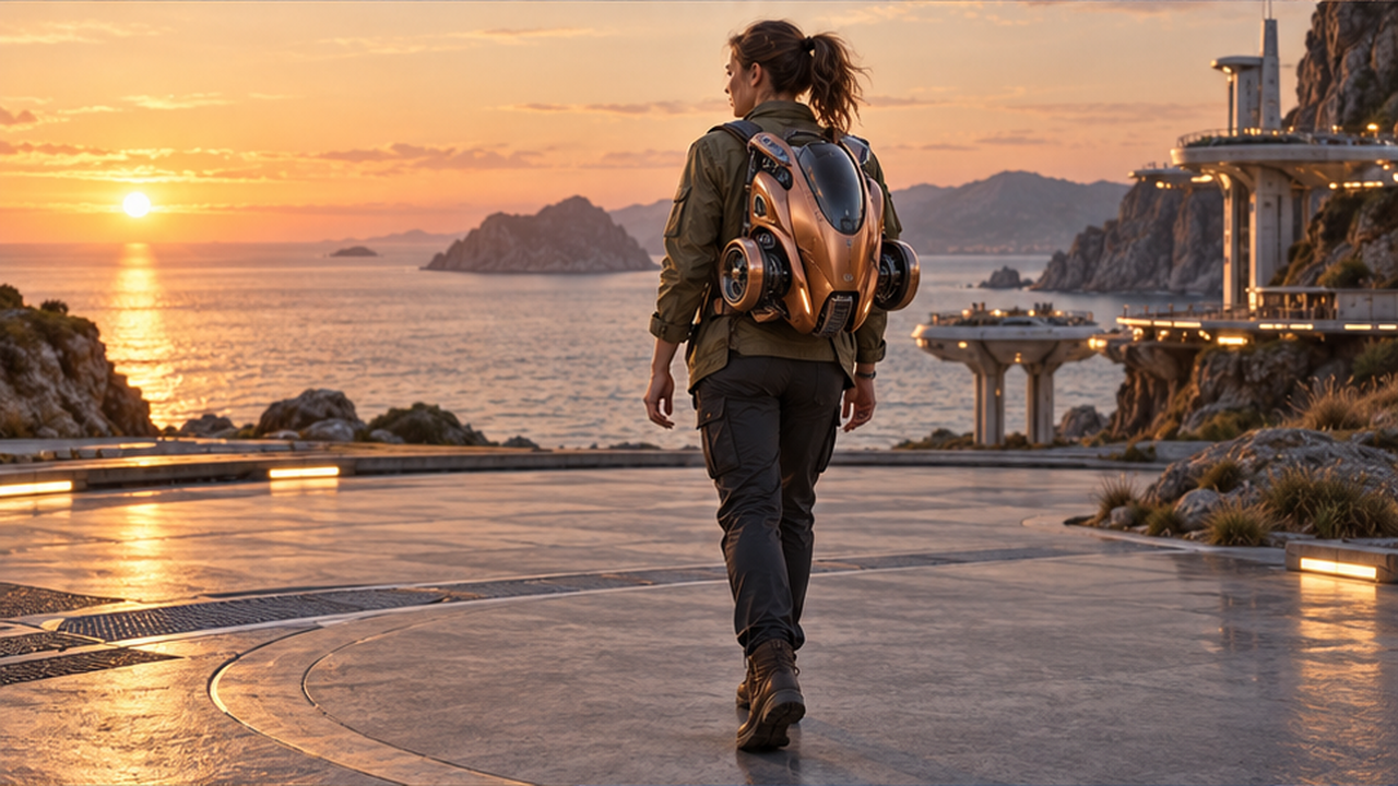 Premium photorealistic landscape 16:9 keyframe, original adult woman muted olive jacket and dark trousers in three-quarter rear view, entire head and body visible wearing compact copper charcoal mechanical backpack with folded circular hoverbike wheel housings, dark shoulder straps and precise hinges, empty coastal landing platform with golden-hour light, no crowds, no separate vehicle, no text logos weapons watermark.
