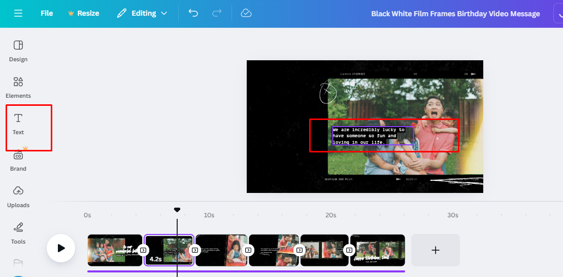 Interface of Canva showing how to write text in videos