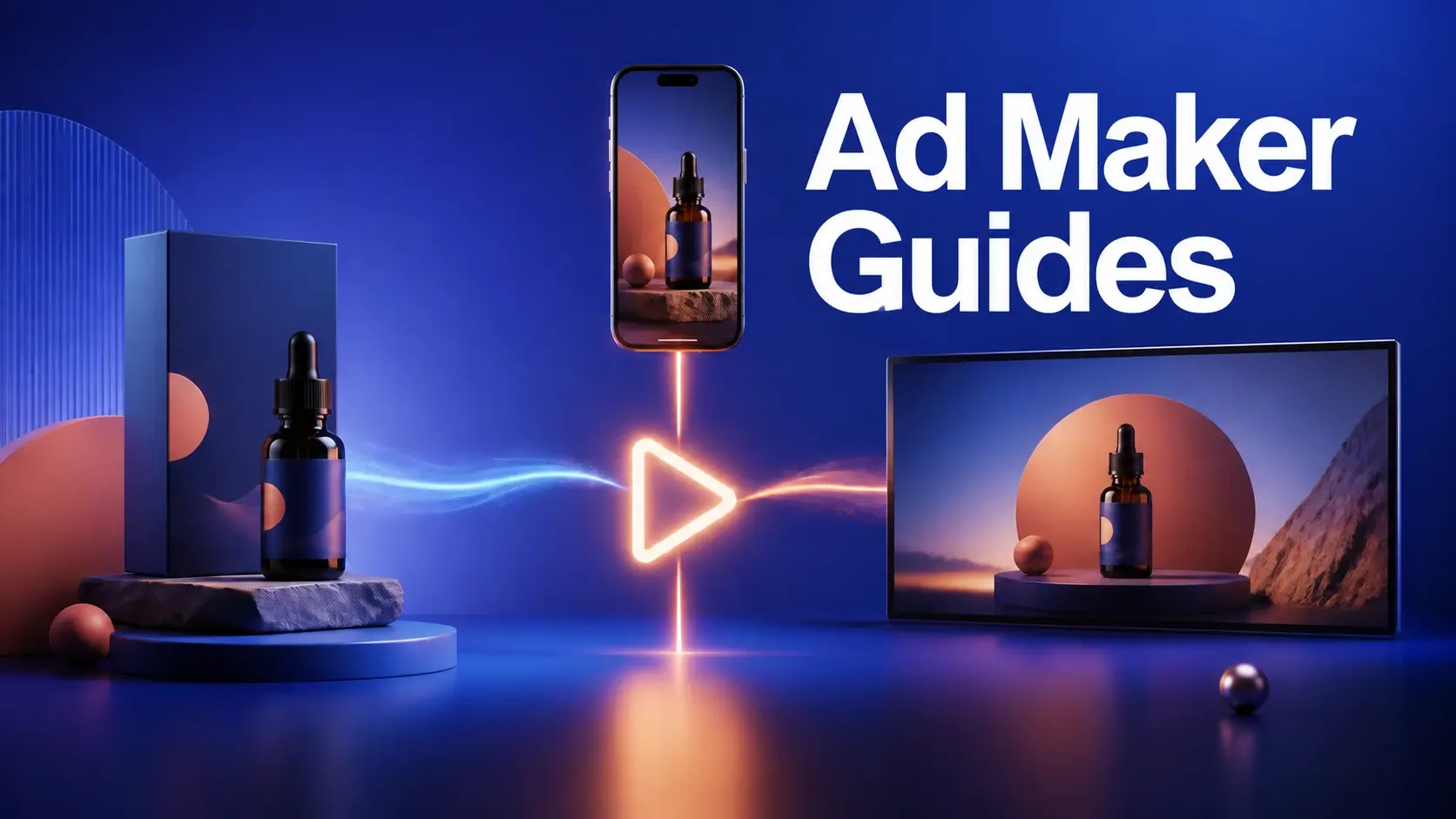 Ad Maker Guides title with product mockups on phone and screen around a play icon