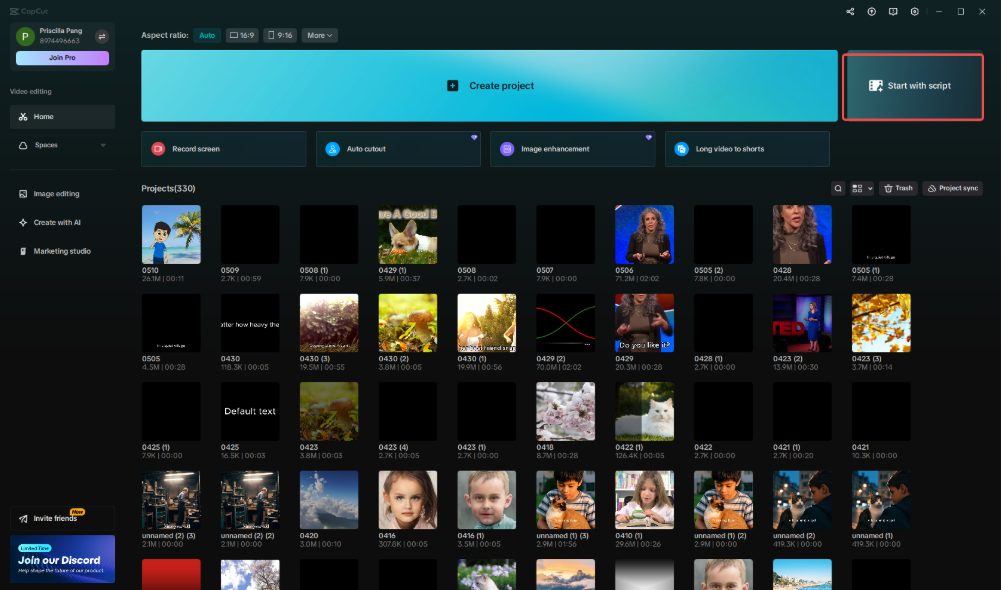 Accessing the "Start with script" feature in CapCut