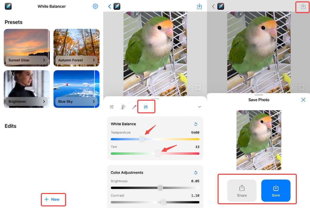 Adjust the image white balance in the White Balance app