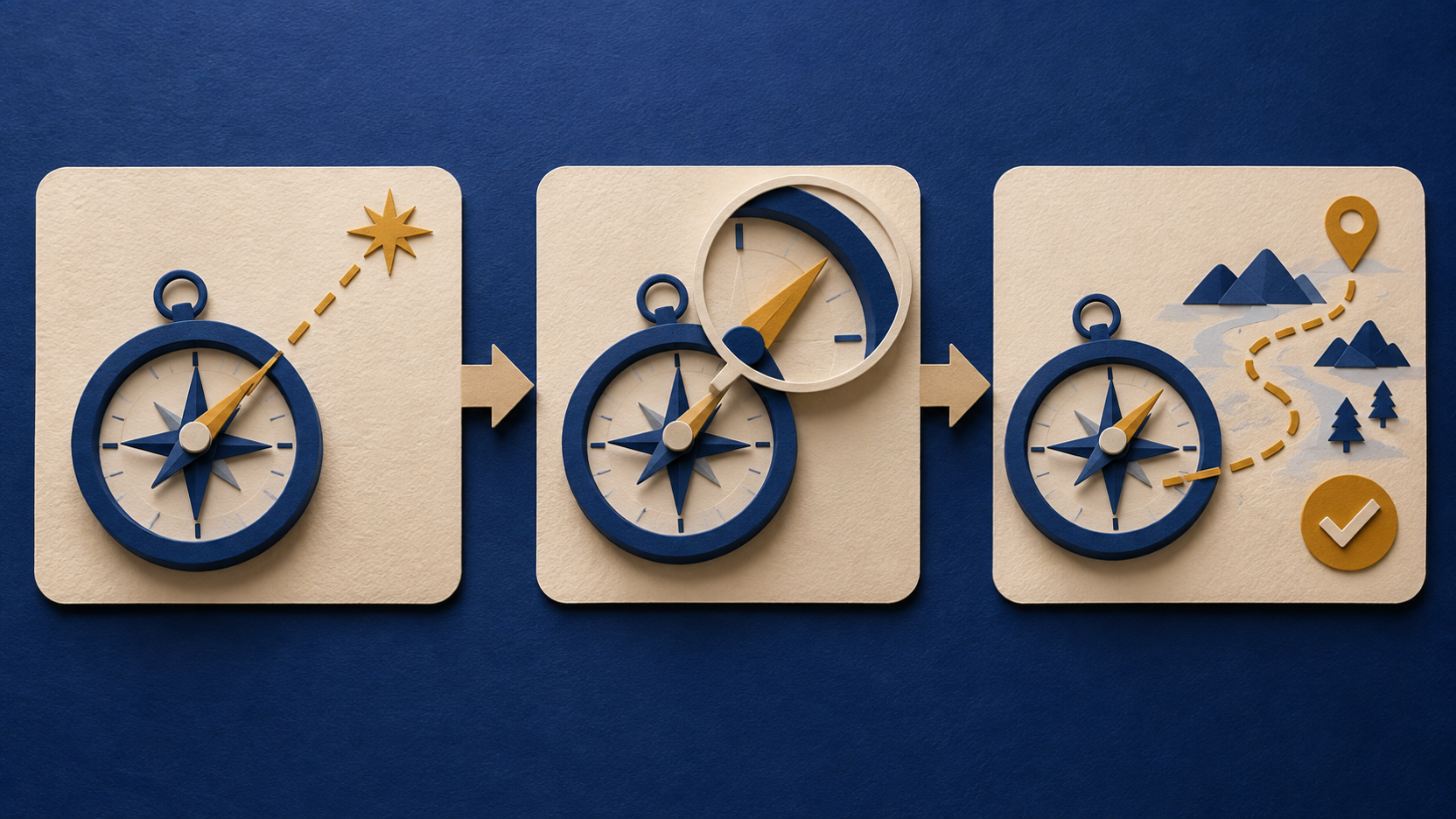 Three original editorial cards show a compass destination a close inspection and a confirmed route